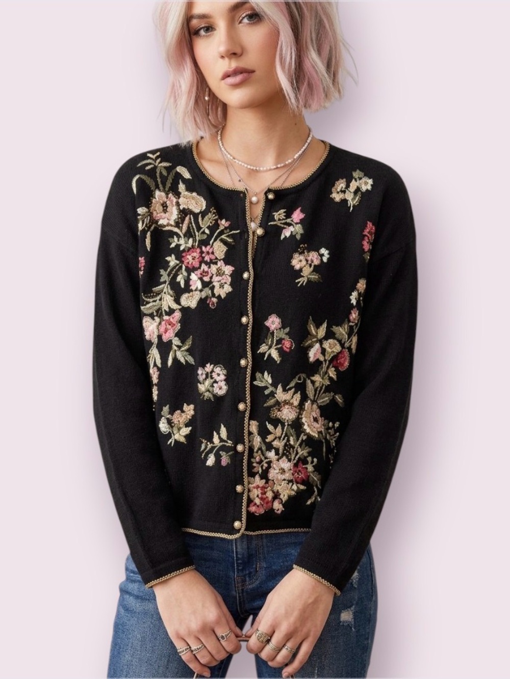 Vintage 1999 Tiara International Embroidered Cardigan Sweater Black Size Medium